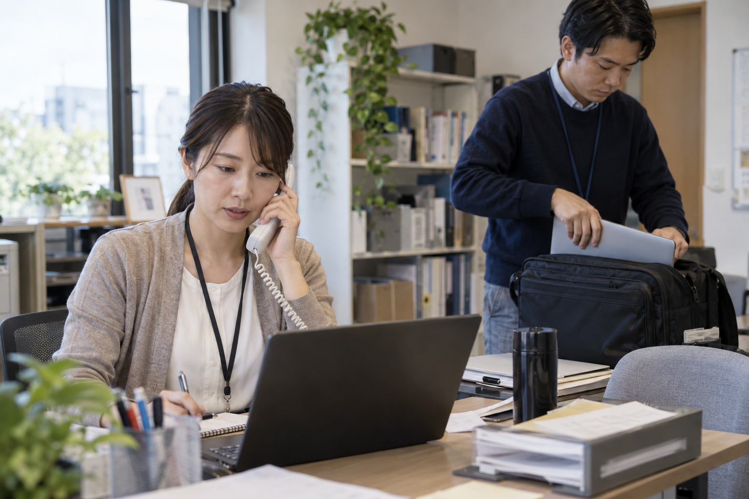 一人が相談電話を受ける横で、もう一人が予定された訪問へ持参するパソコンを袋に入れる架空場面
