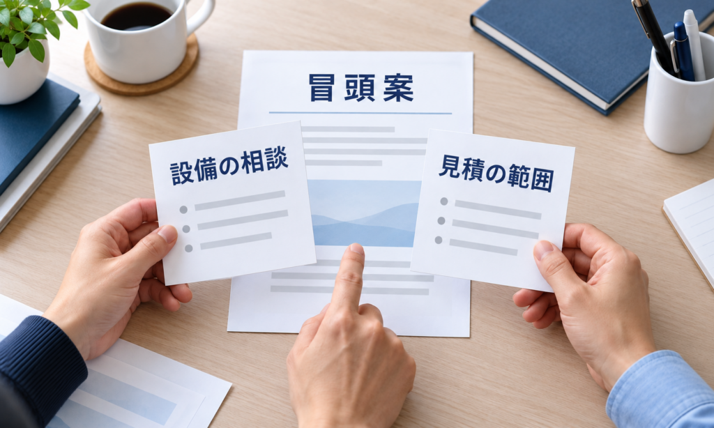 相談前の問いを書いた資料と、LPの冒頭案を照合する架空のWeb制作打合せ。
