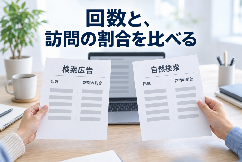 広告と検索の記録を見比べる作業を表すイメージ。