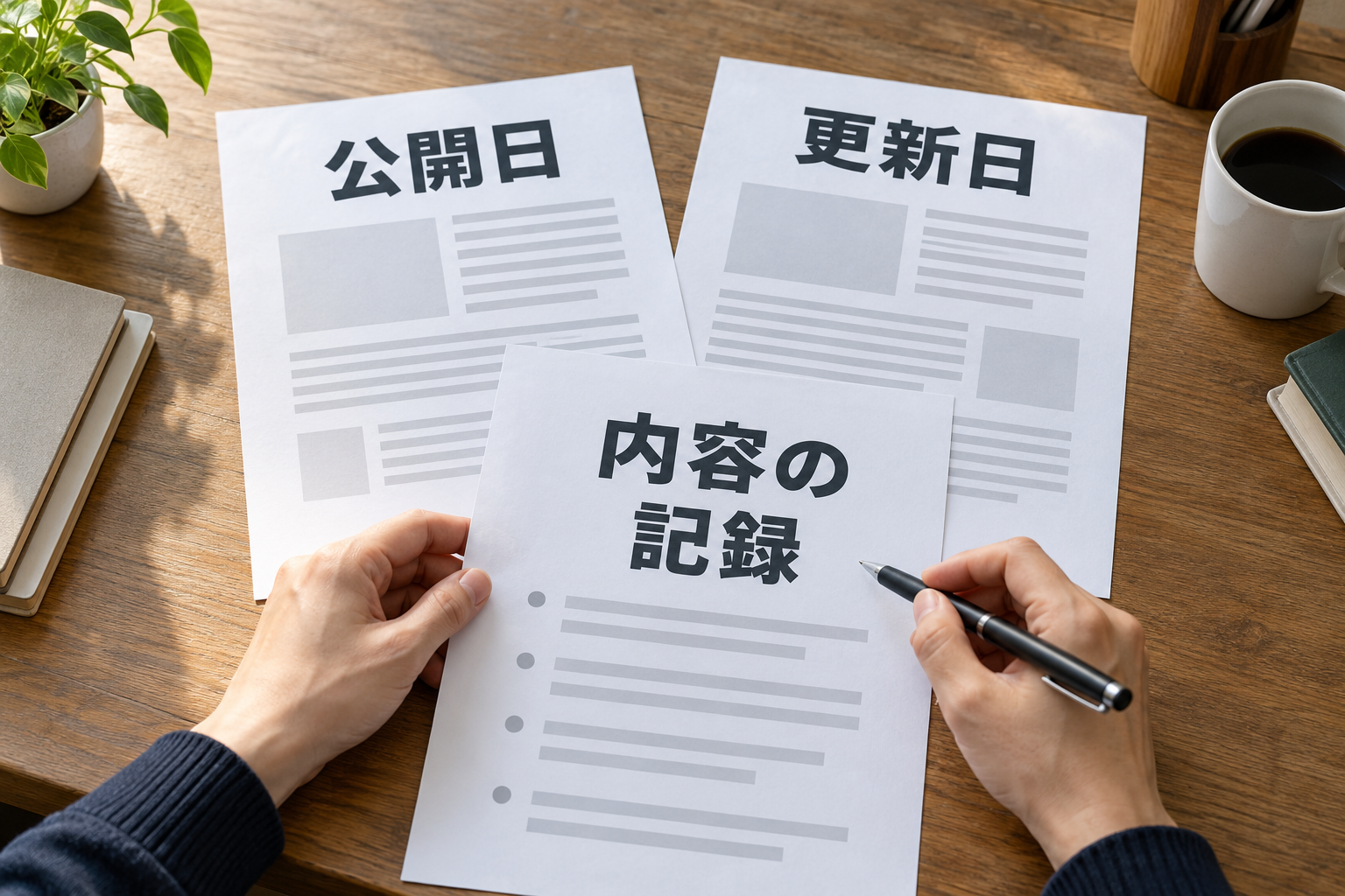 記事の公開日・更新日と、内容の改訂記録を照合する説明用の架空の編集場面。
