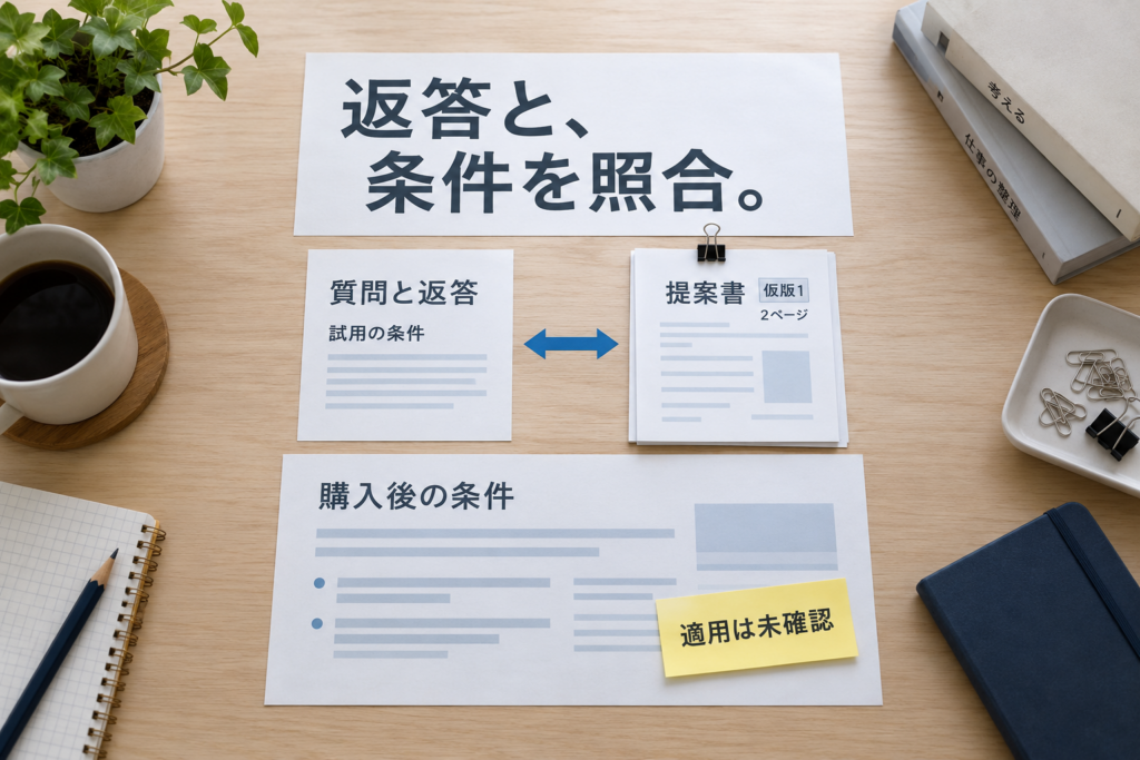 提供会社の返答、提案書、未確認のメモを照合する架空の準備場面。