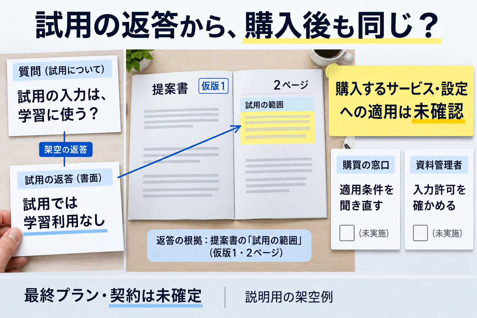 試用では学習利用なしという架空の返答を、提案書の適用範囲と購入後の未確認事項に分ける図。