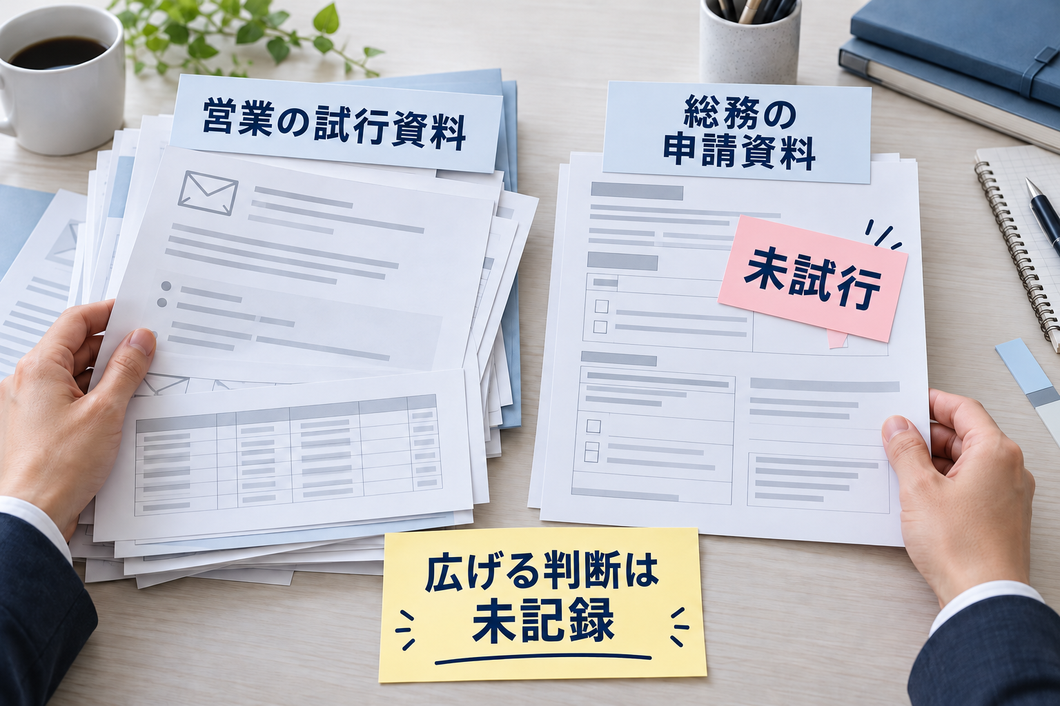 営業の試行資料と、形式が異なる未試行の総務資料を見比べる架空の準備場面。