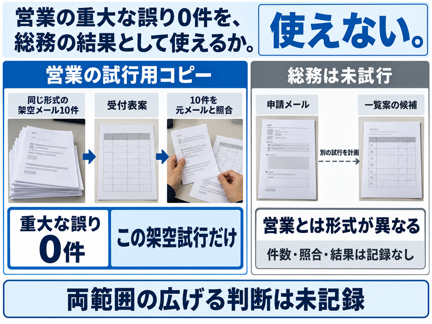 営業の架空メール10件を照合した記録と、別形式で未試行の総務の候補を分ける図。