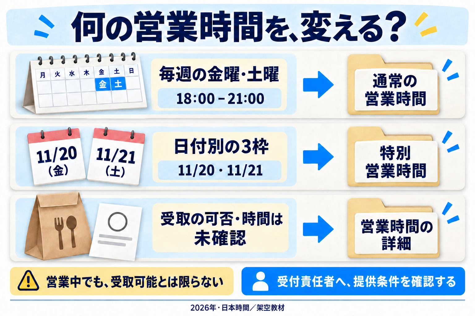 毎週の金曜・土曜18:00–21:00は通常営業時間、2026年11月20日(金)・21日(土)の例外は特別営業時間として整理します。受取サービスの可否や時間は未確認のため、時計の空欄を受付責任者へ戻します。店が営業中という条件だけでサービス提供まで確定しません。紙とフォルダーは欄の対応を説明し、Googleの操作画面ではありません。