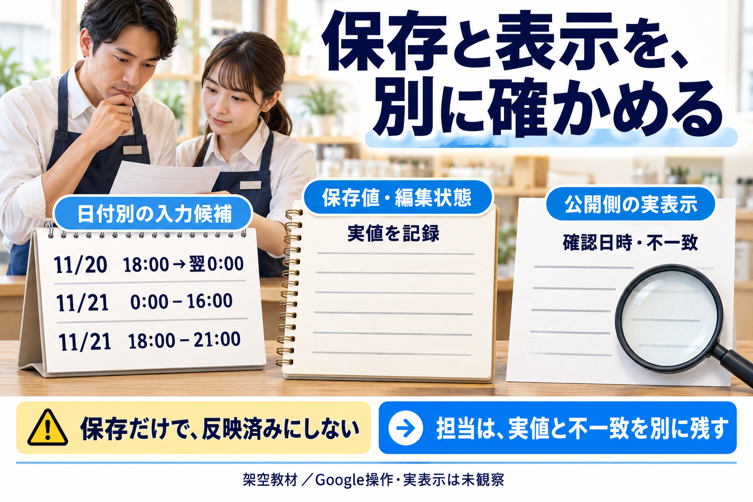 店長とプロフィール担当が同じ3枠を相談する情景です。紙の3行は入力候補、ノートの保存値・編集状態と虫眼鏡の公開側実表示は別の証拠です。実際の編集・保存・審査・Googleマップの表示は未観察なので、空欄から担当が記録します。人物は場面の理解を、紙とノートは候補と観察の違いの理解を助けます。