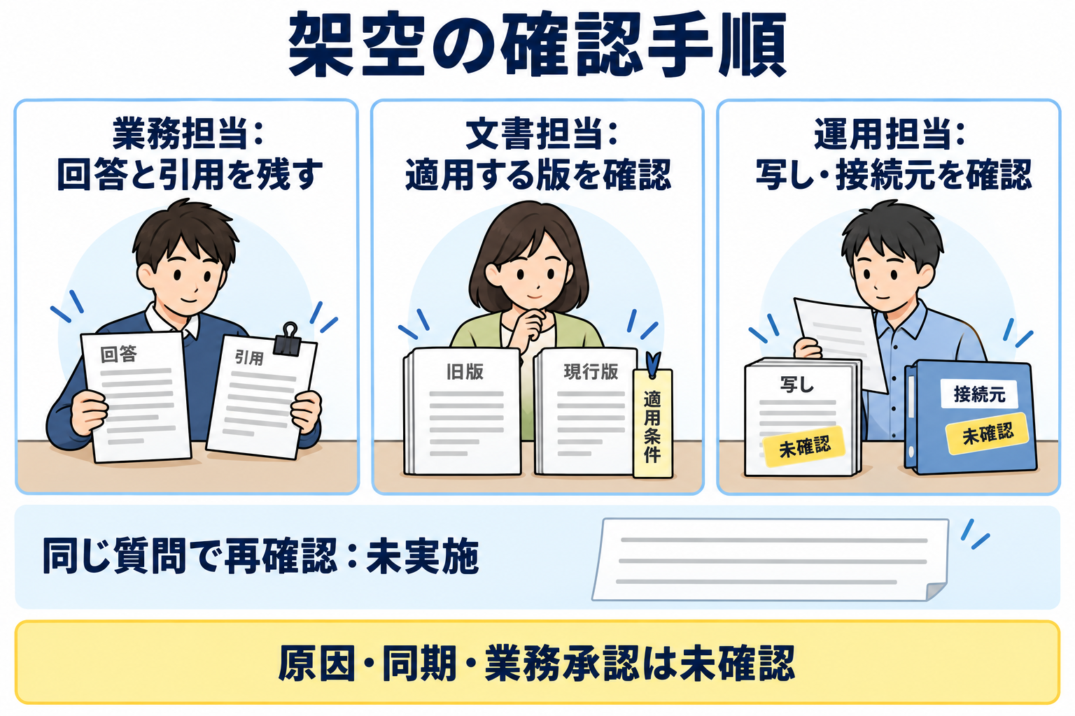 保存した回答と引用を起点に、文書担当が適用版、運用担当が写しや接続元を確認し、必要な変更後に同じ質問で再確認する架空の手順。原因や同期は未確認。