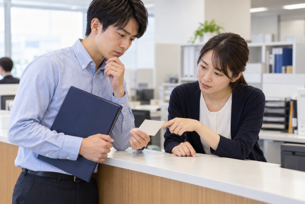 回答の扱いを確かめるため、社内の担当者へ相談する架空の仕事の情景。