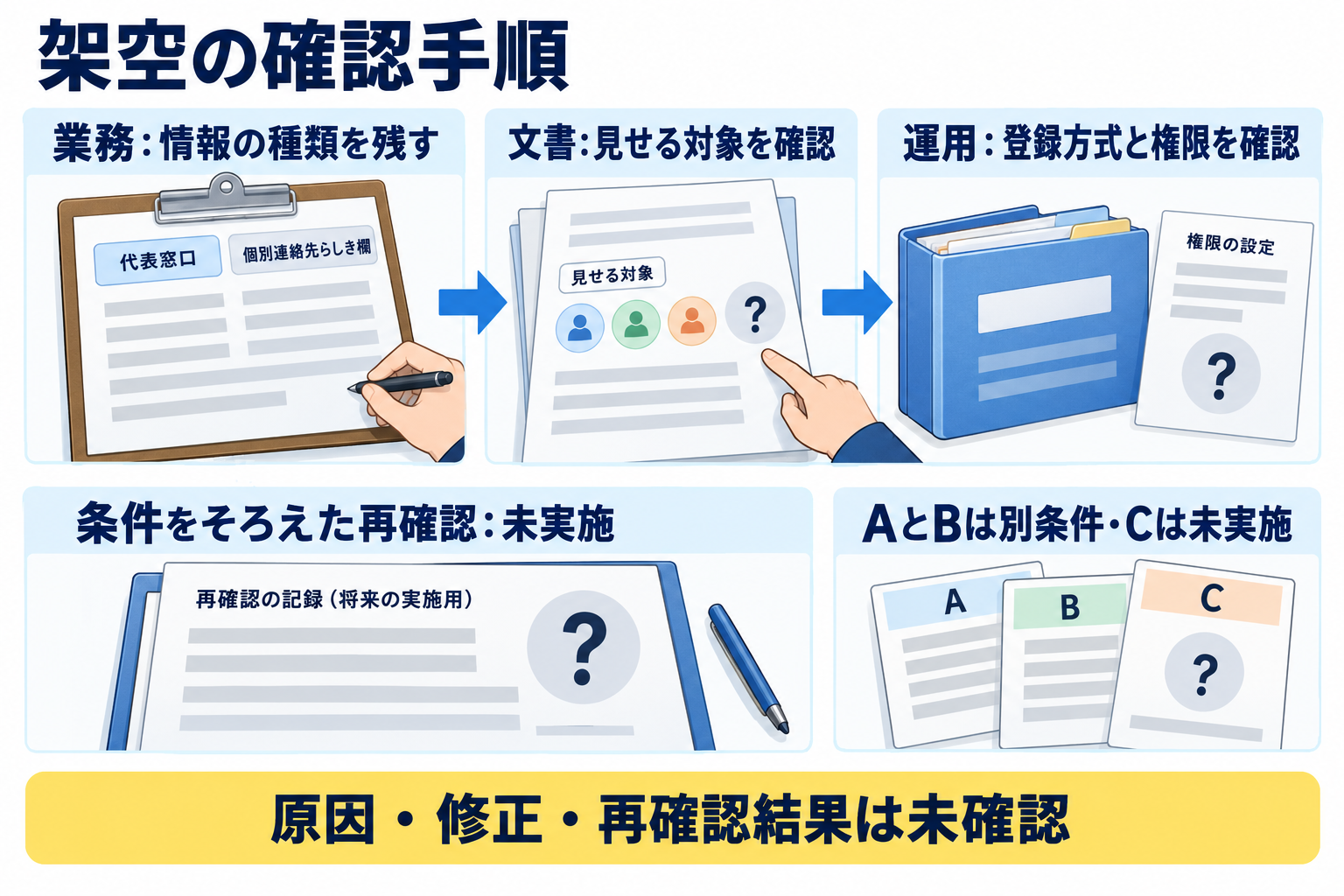 表示された情報の種類を残し、文書担当が見せる対象、運用担当が登録方式と権限を確認する計画。変更後の再確認は未実施で、AとBは別条件、Cも未実施。