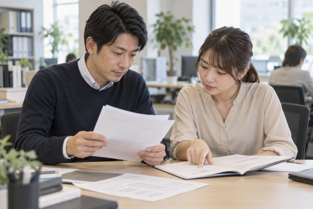 担当者が紙の資料を照合する、説明用の架空の仕事場面。