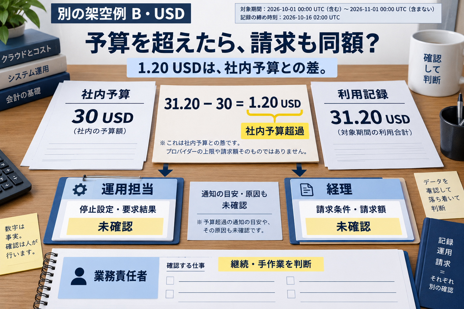別の架空例B。利用記録31.20 USDと社内予算30 USDの差は1.20 USD。停止設定・要求結果・請求・原因は未確認。