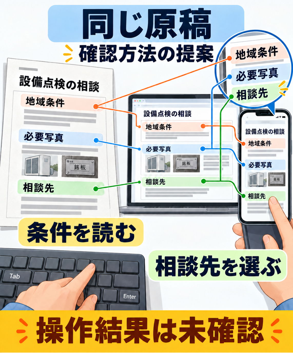 AIによる確認方法の説明図。同じ設備点検案内の条件と写真準備を読み、必要な行き先を選ぶことを、画面幅や入力方法を分けて確かめる提案を示す。