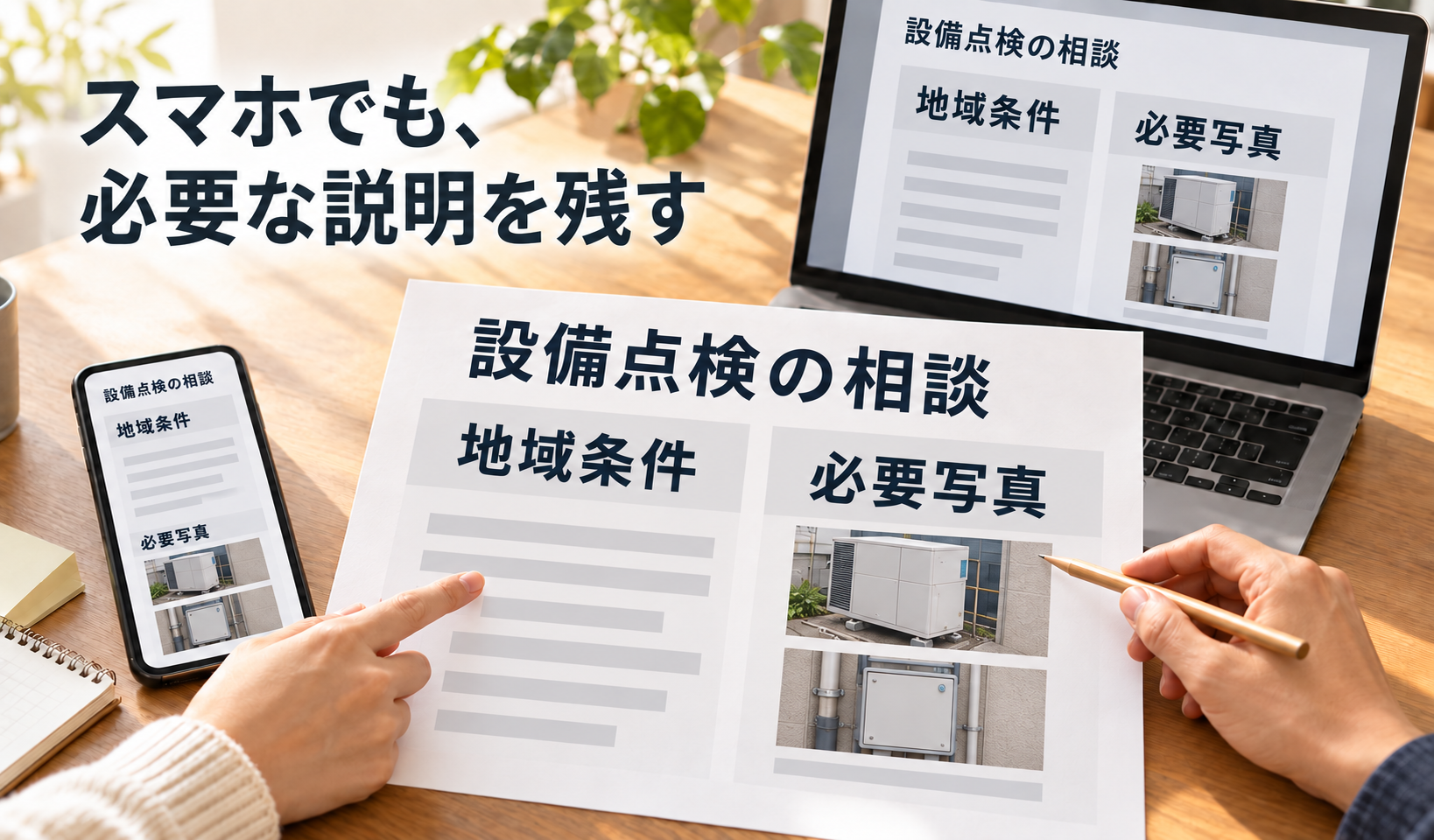 AIによる架空の編集作業の場面。同じ設備点検案内の原稿とPC・スマホ案で、地域条件と写真準備の箇所を確かめる。