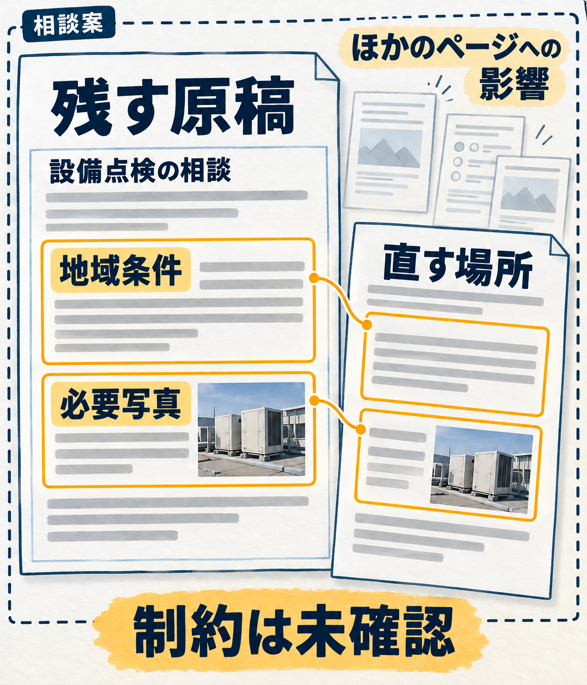AIによる説明用の概念図。設備点検案内の残す原稿と直す箇所、共通の枠を使うページへの影響を分けて、修正範囲を相談する考え方を示す。