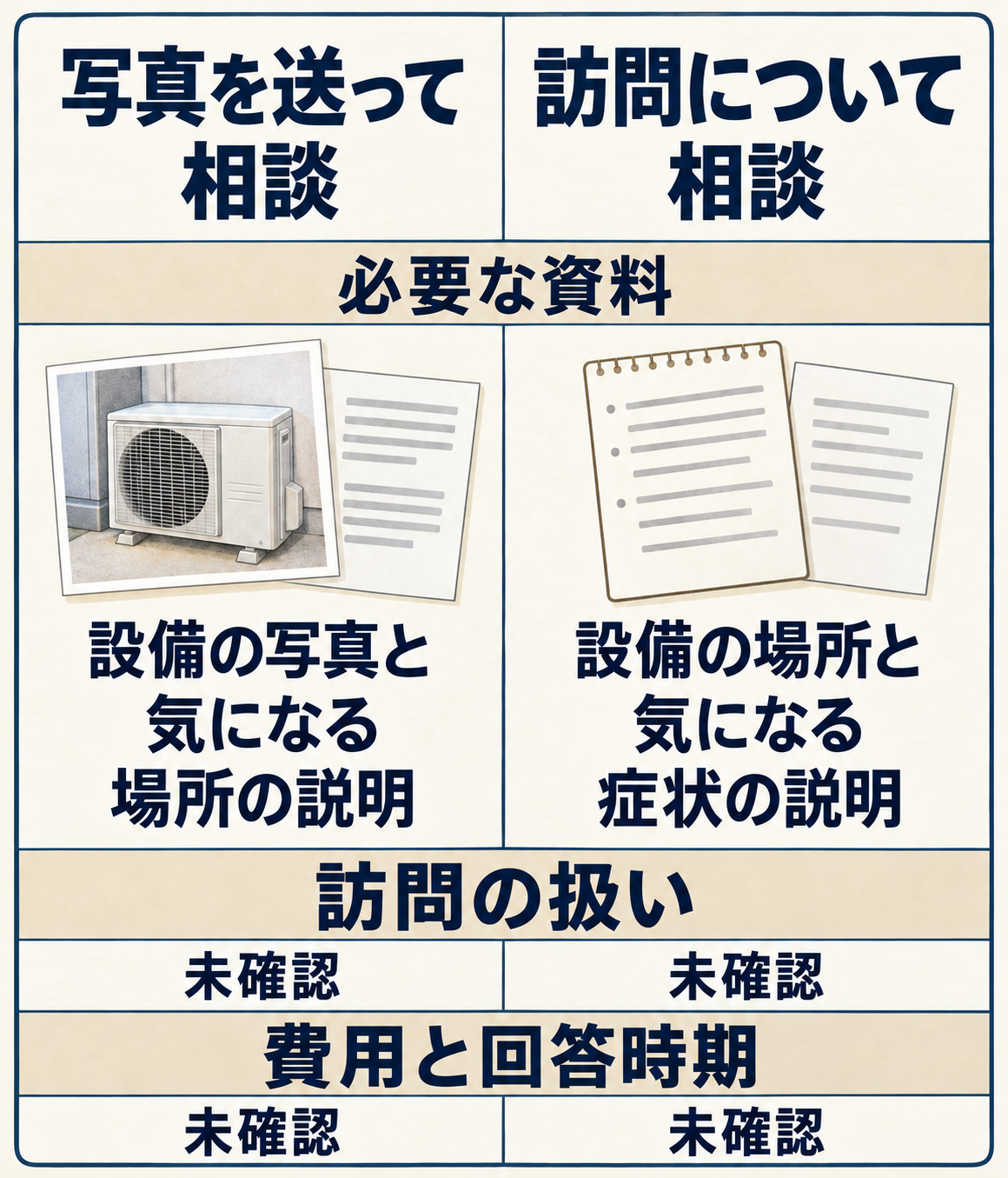 AIによる架空の比較資料の説明図。写真相談と訪問相談の必要資料を同じ行で対応させ、訪問の扱いと費用・回答時期は未確認と分ける。