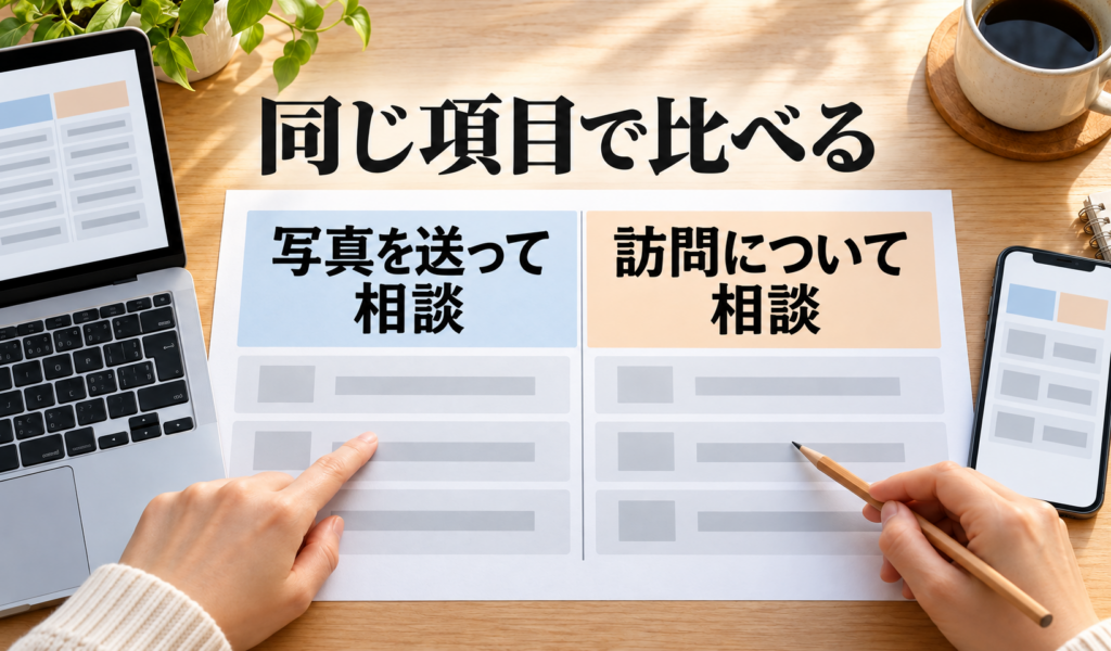 AIによる架空の編集作業の場面。二つの相談案の比較原稿を、同じ項目の位置で照らして読む。