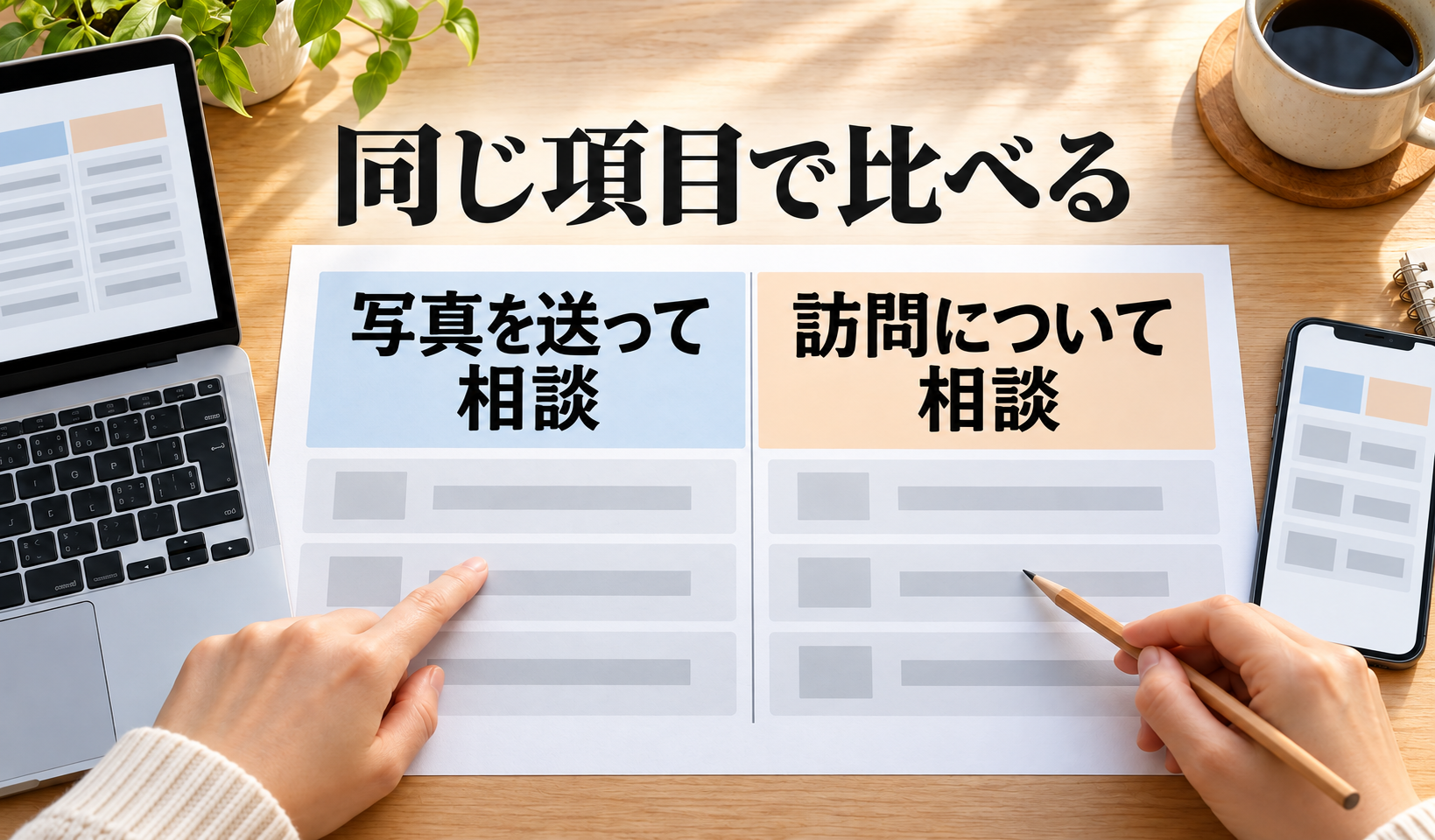 AIによる架空の編集作業の場面。二つの相談案の比較原稿を、同じ項目の位置で照らして読む。