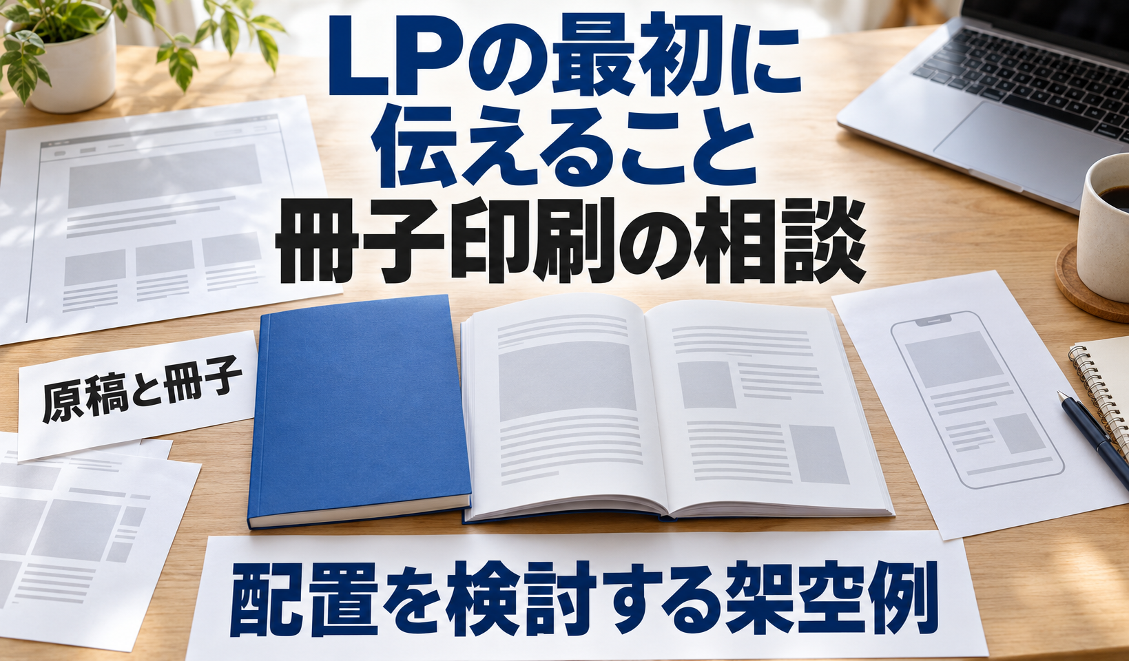 AIによる説明用の架空場面。冊子印刷のLPを考える机で、同じ研修冊子の表紙と見開き、印刷原稿、PCとスマホの配置資料を見比べている。