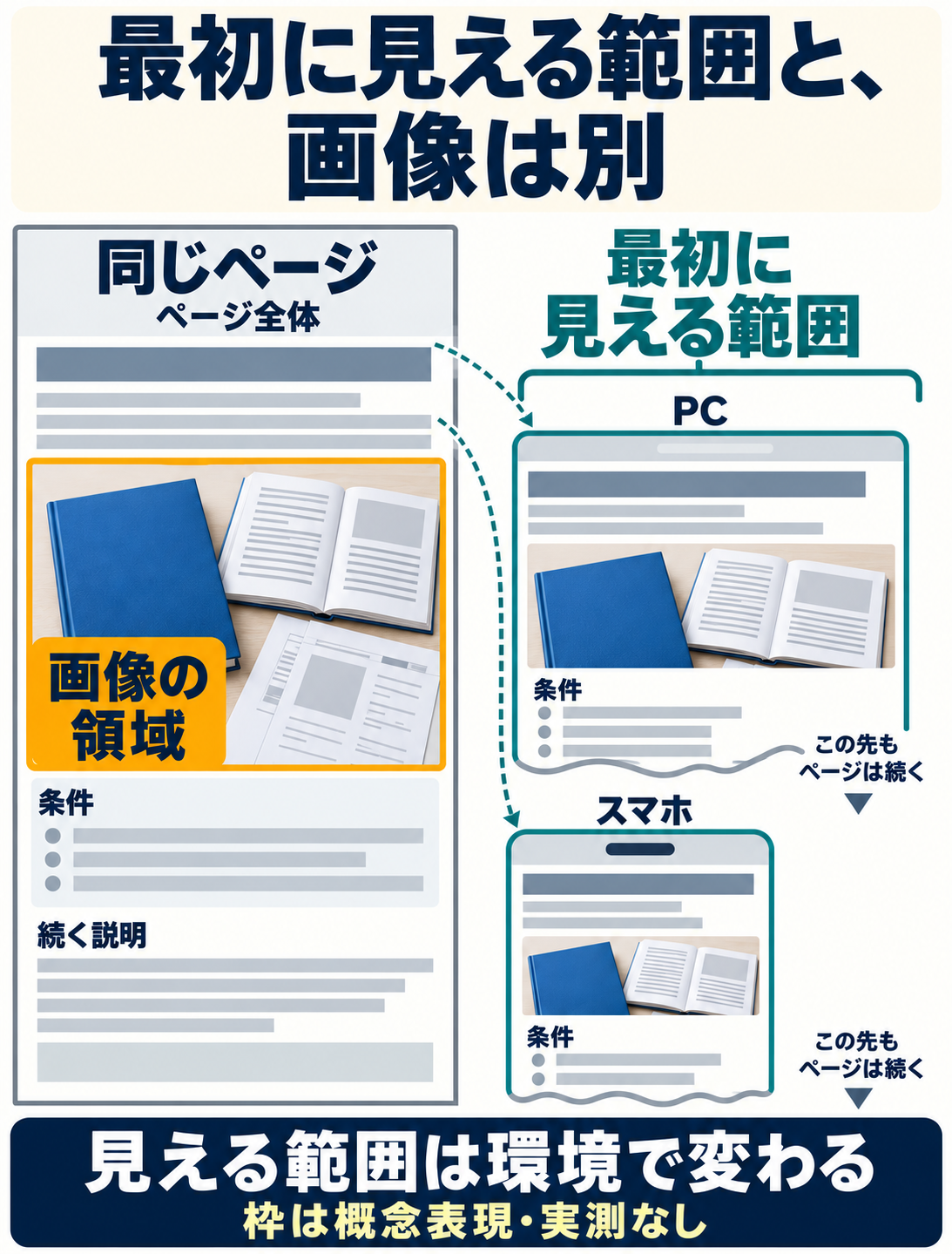 AIによる概念図。同じ架空のLPで、縦に続くページ全体、PCとスマートフォンで最初に見える範囲、冊子画像の領域を分ける。見える境界は環境で変わり、実測寸法ではない。