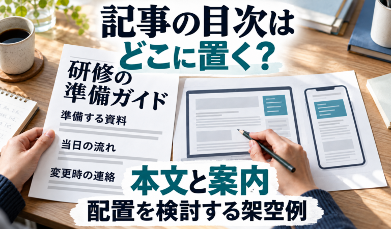 AIによる説明用の架空場面。研修の準備ガイドの見本紙と、同じ記事のPC・スマートフォンの配置資料を見比べ、本文と目次の場所を検討している。