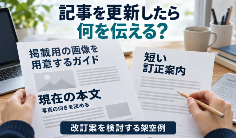 AIによる架空の編集場面。掲載用の画像を用意するガイドの現在本文と短い訂正案内を紙で照らし、読者に伝える変更を検討している。