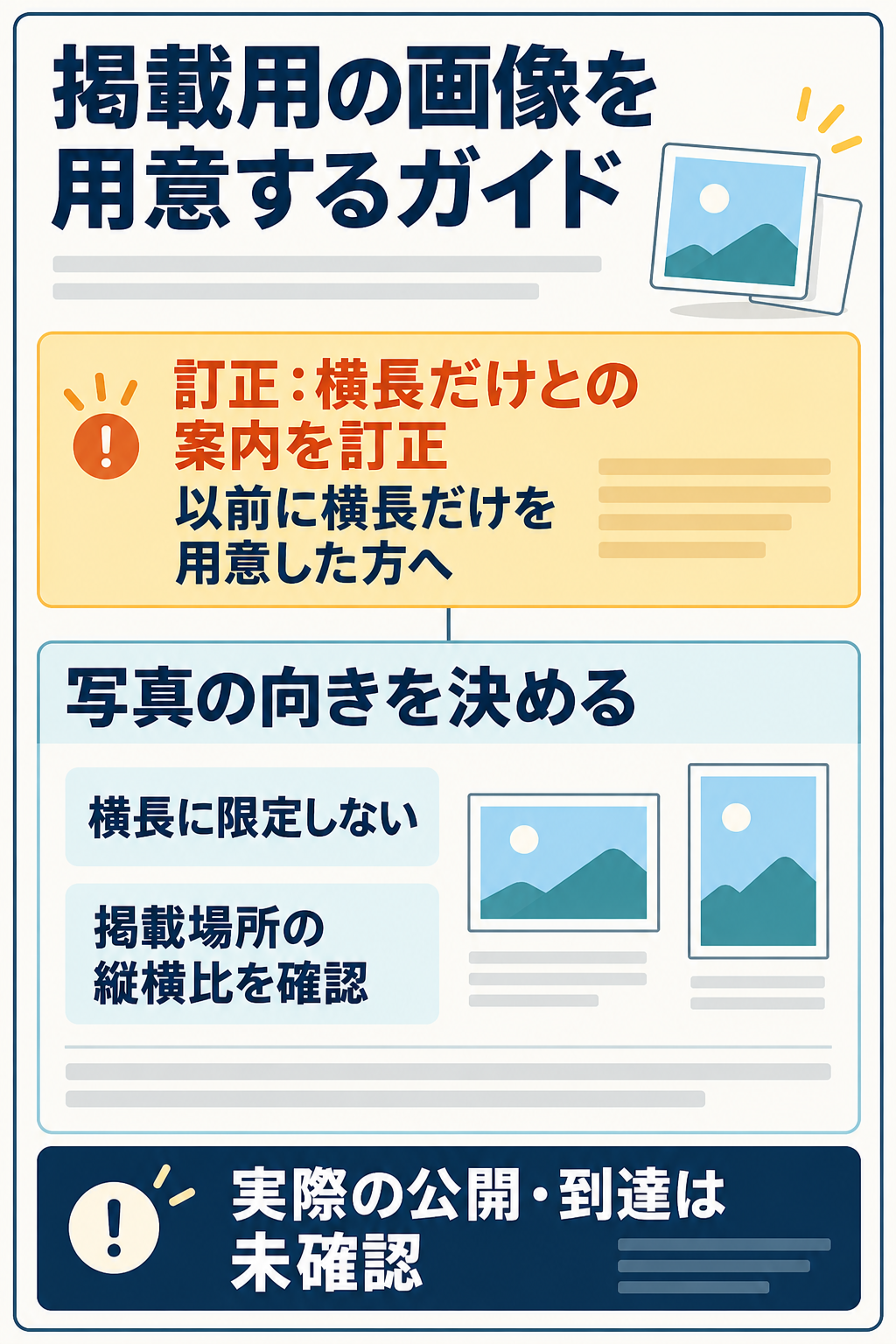 AIによる架空の同一記事の説明図。横長だけとしていた案内の訂正を短く伝える文と、写真の向きを横長に限定せず掲載場所を確かめる現在の節を対応させる。実公開と読者の到達は未確認。