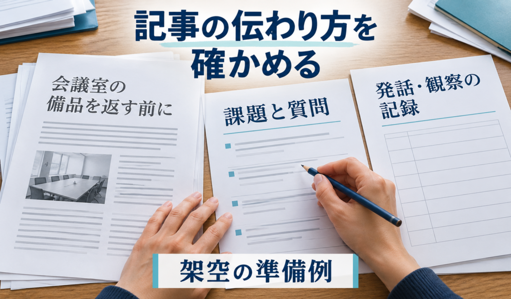 AIによる架空の編集準備場面。会議室の備品を返す前にという記事の見本と課題・質問、発話と観察の記録用紙を照らしている。