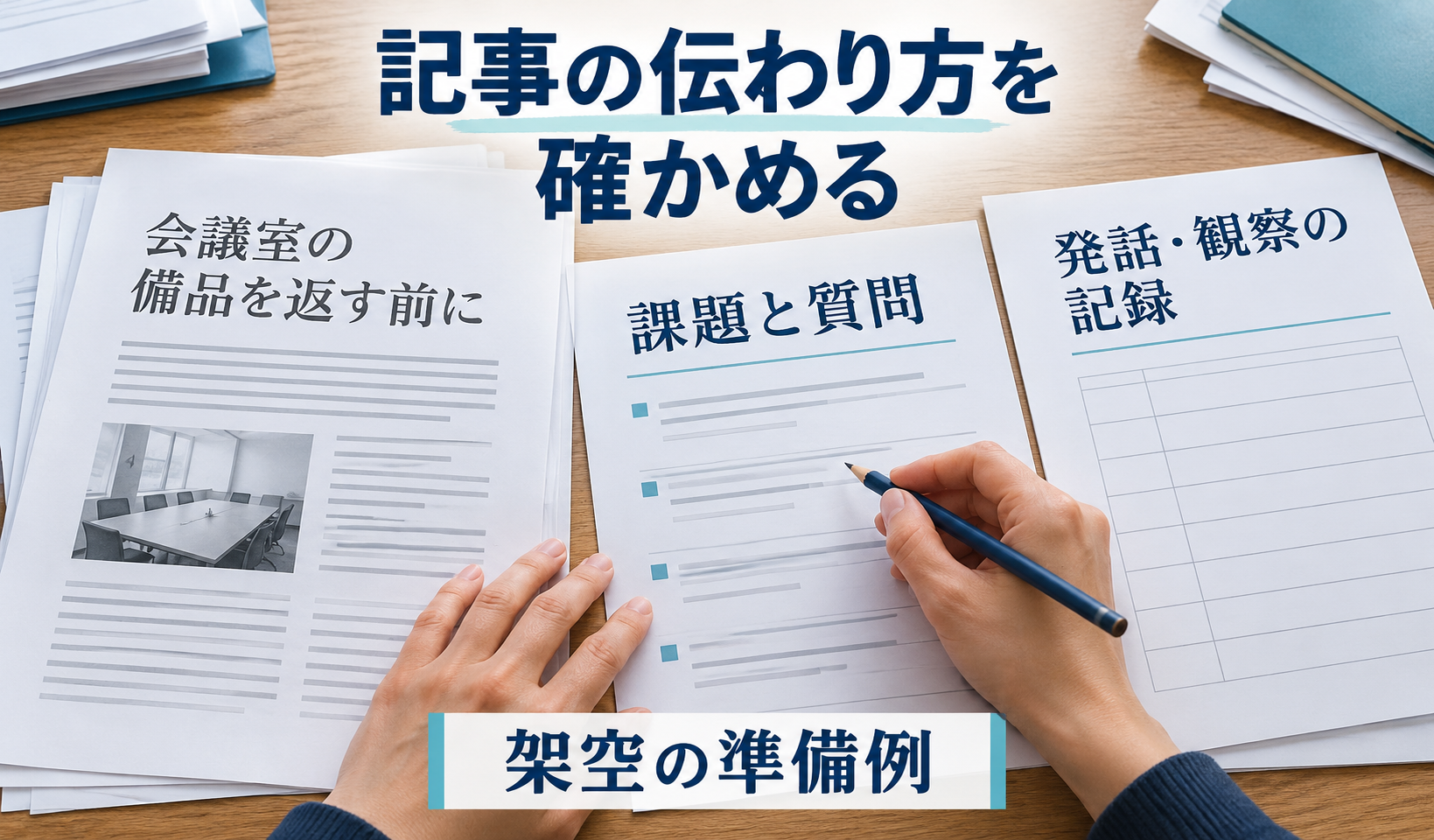 AIによる架空の編集準備場面。会議室の備品を返す前にという記事の見本と課題・質問、発話と観察の記録用紙を照らしている。