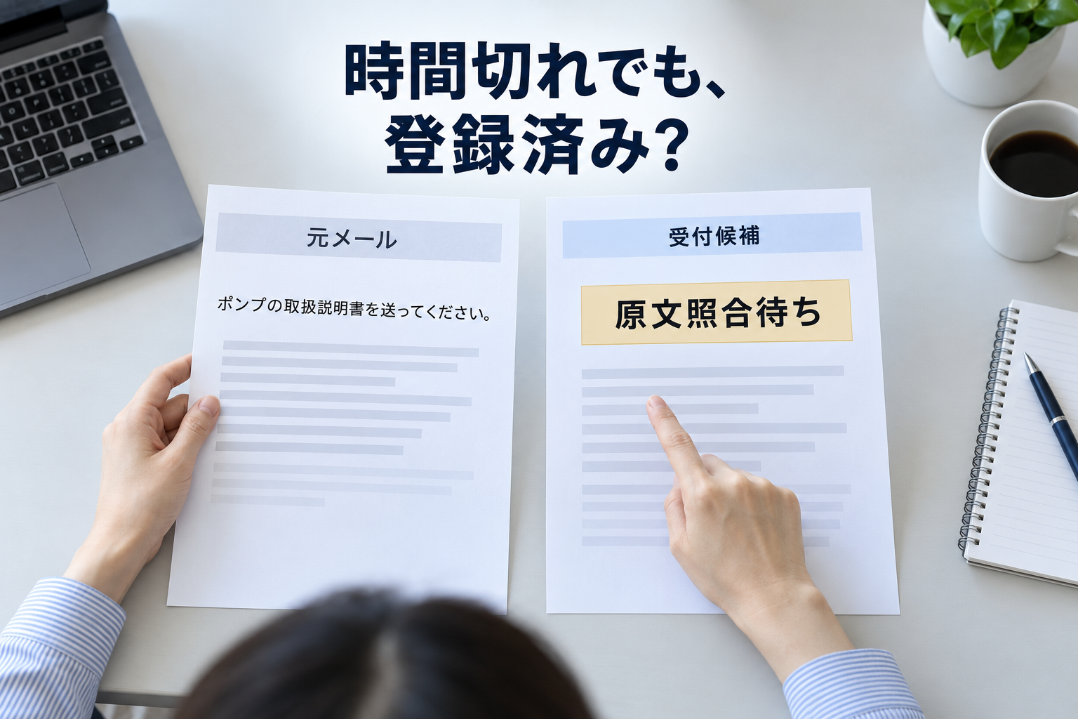 元メールと受付候補の紙を見比べ、時間切れ後の受付結果を確認する架空の仕事場面。