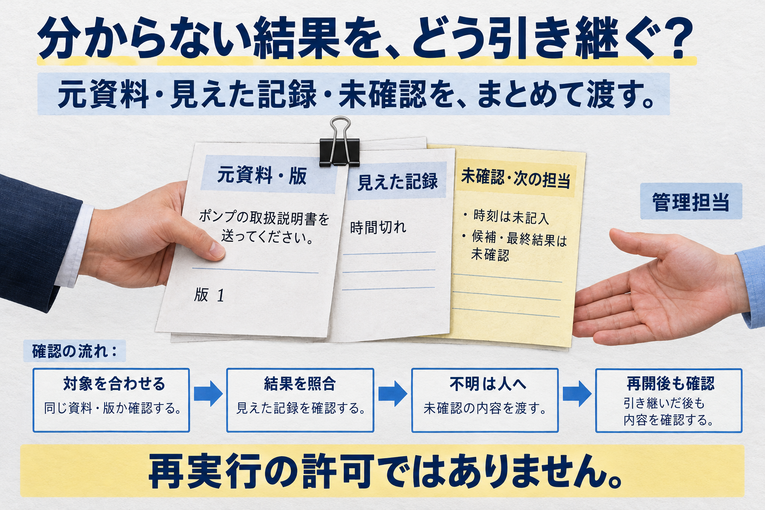 原資料、状態メモ、未確認事項をまとめて管理担当へ渡し、再開後も同じ対象を確認する流れの模式図。