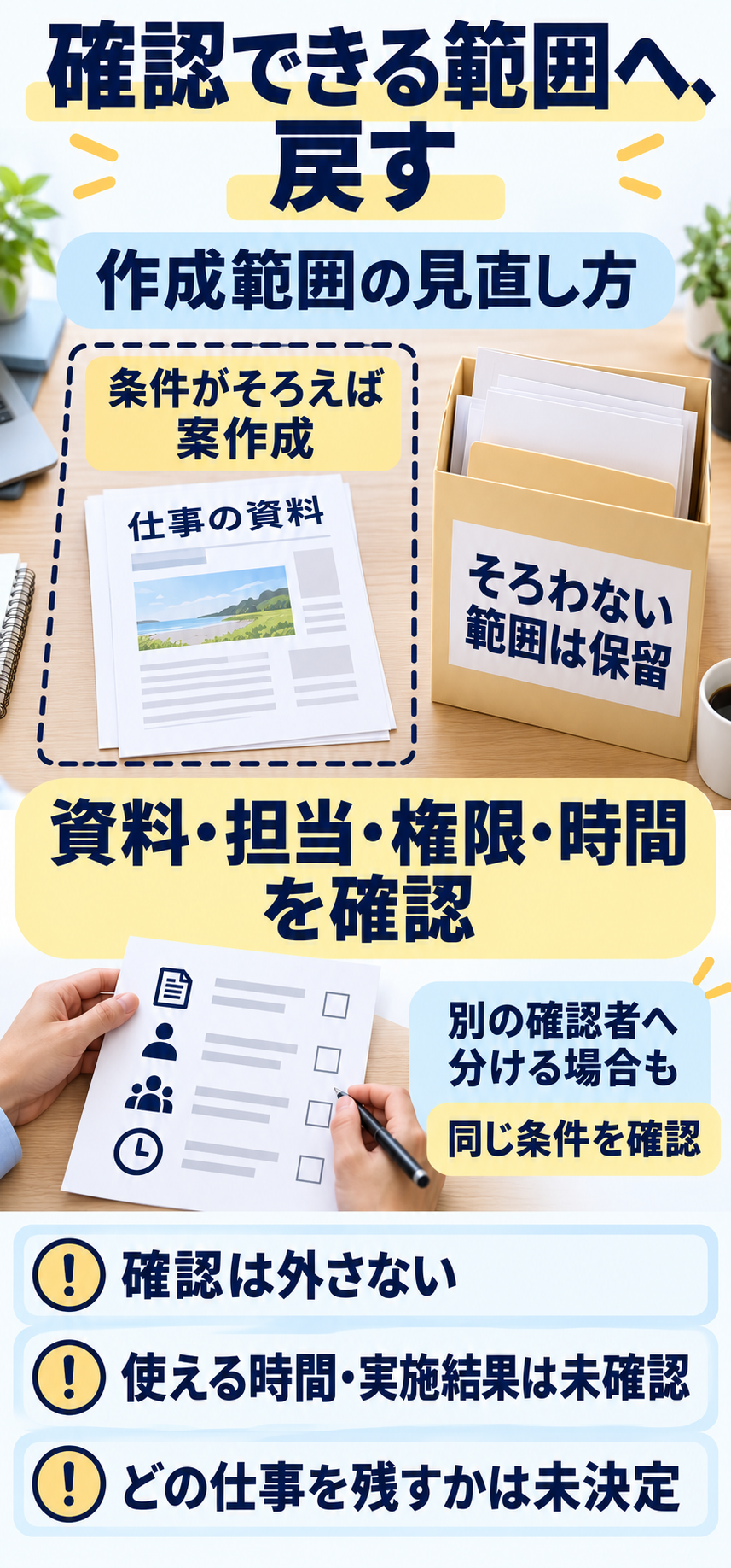 確認に必要な資料・担当・権限・時間がそろう範囲と、保留する範囲を分けている。