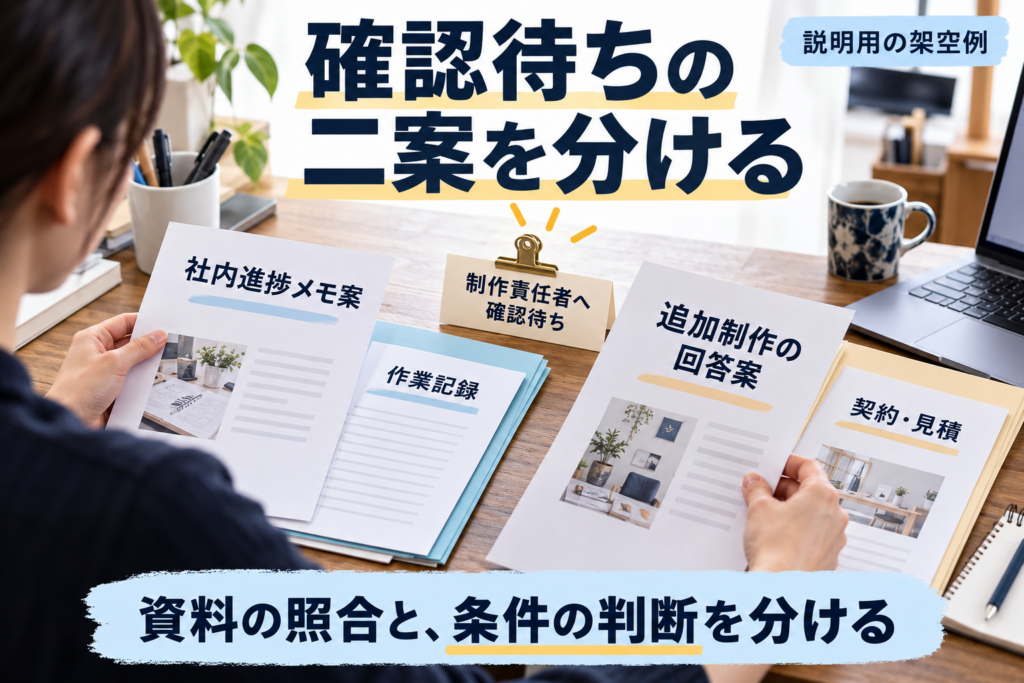 制作責任者が社内進捗メモ案と作業記録、追加制作の回答案と契約・見積を見比べている。