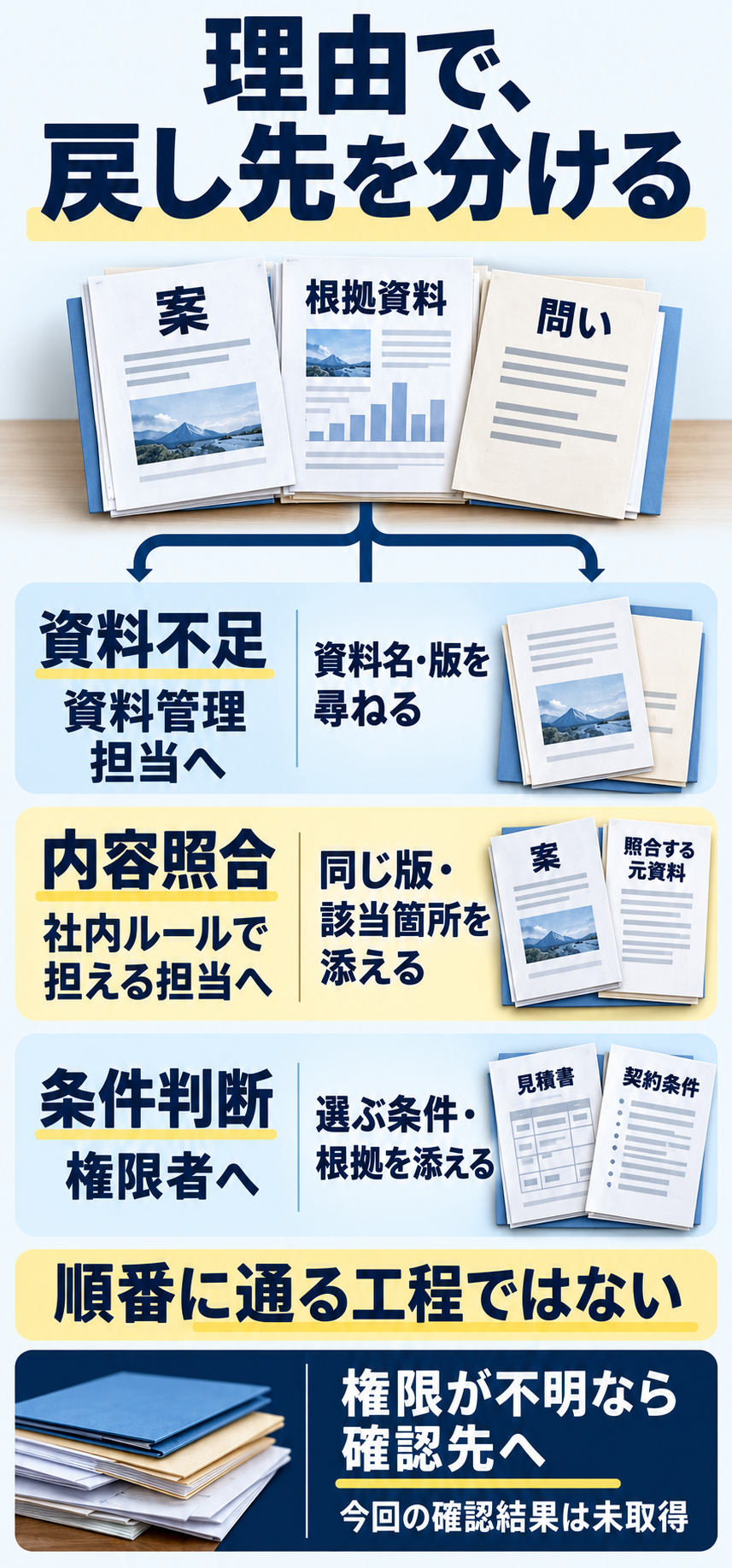 案・根拠資料・問いから、資料不足、内容照合、条件判断の別に応じて戻し先が分かれている。