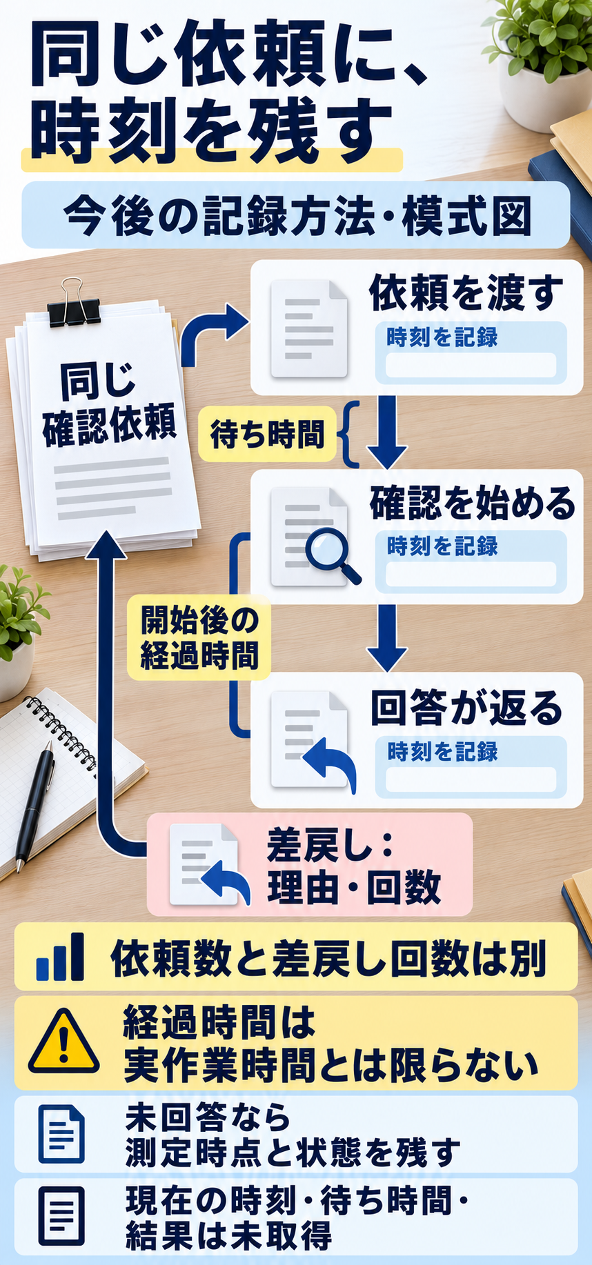 同じ確認依頼に3つの出来事と時刻を結び付け、待ち時間と開始後の経過時間を分けている。