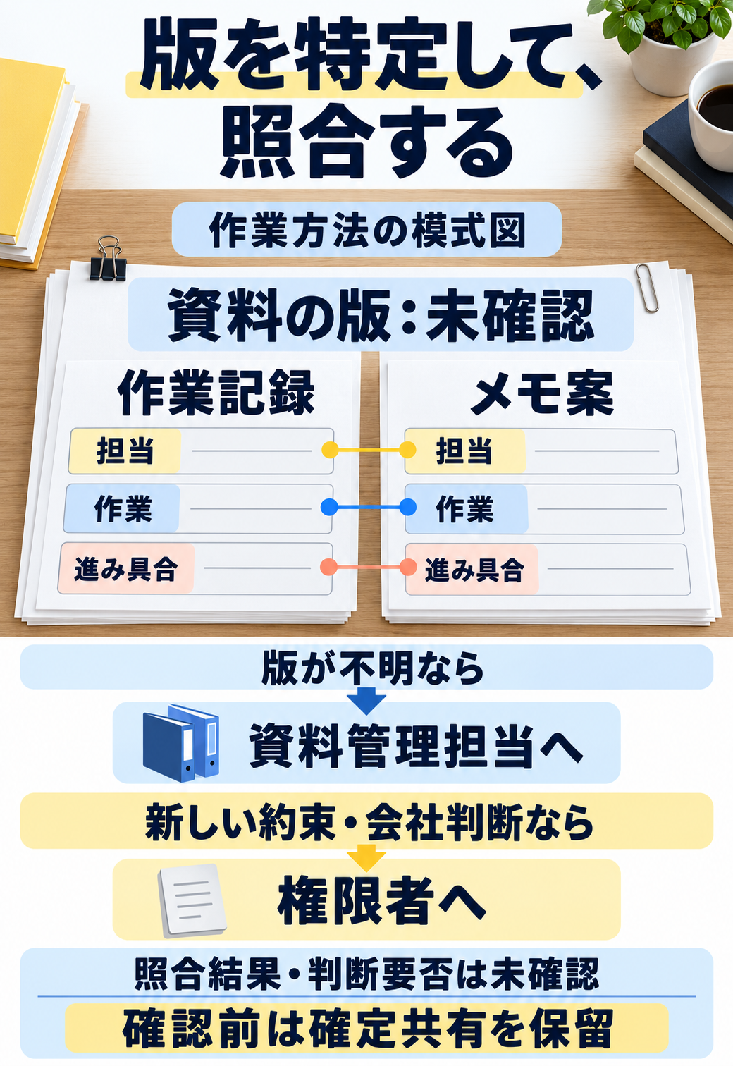 作業記録とメモ案の担当・作業・進み具合を結び付け、資料の版が不明な場合の戻し先を示している。