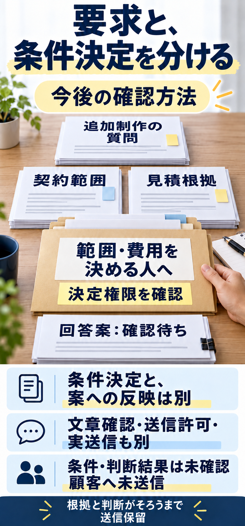 追加制作の質問に契約・見積の根拠を添えて、範囲・費用を決める人へ渡す。