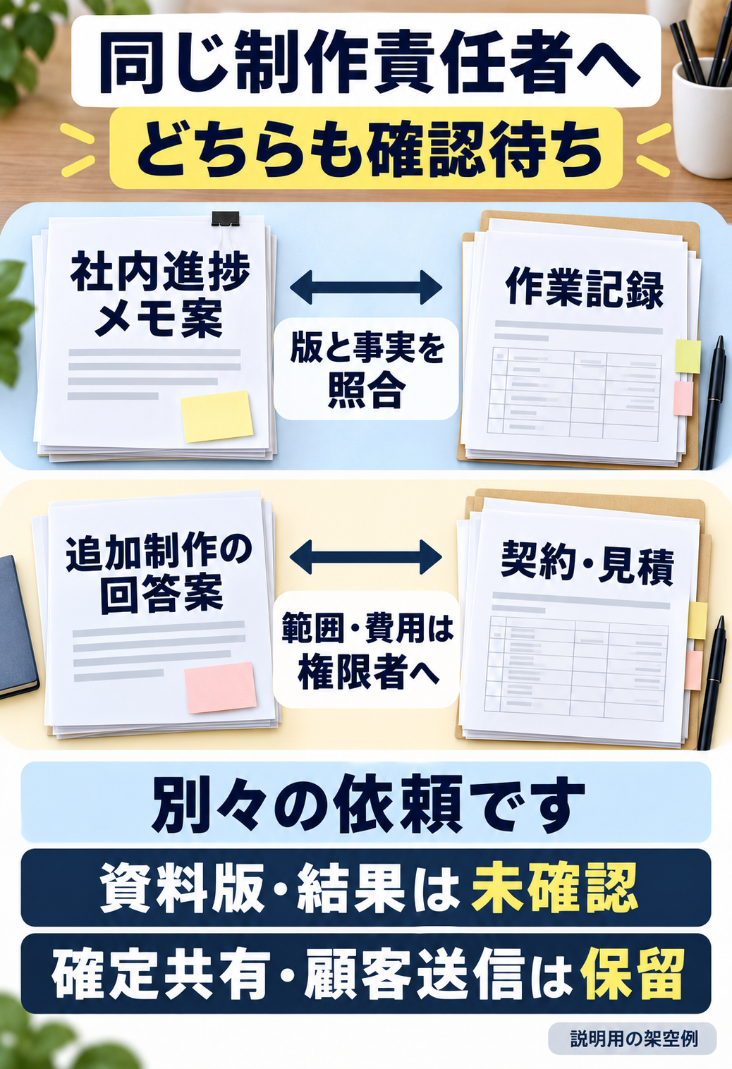 社内進捗メモ案と作業記録、追加制作の回答案と契約・見積が、別々に対応している。