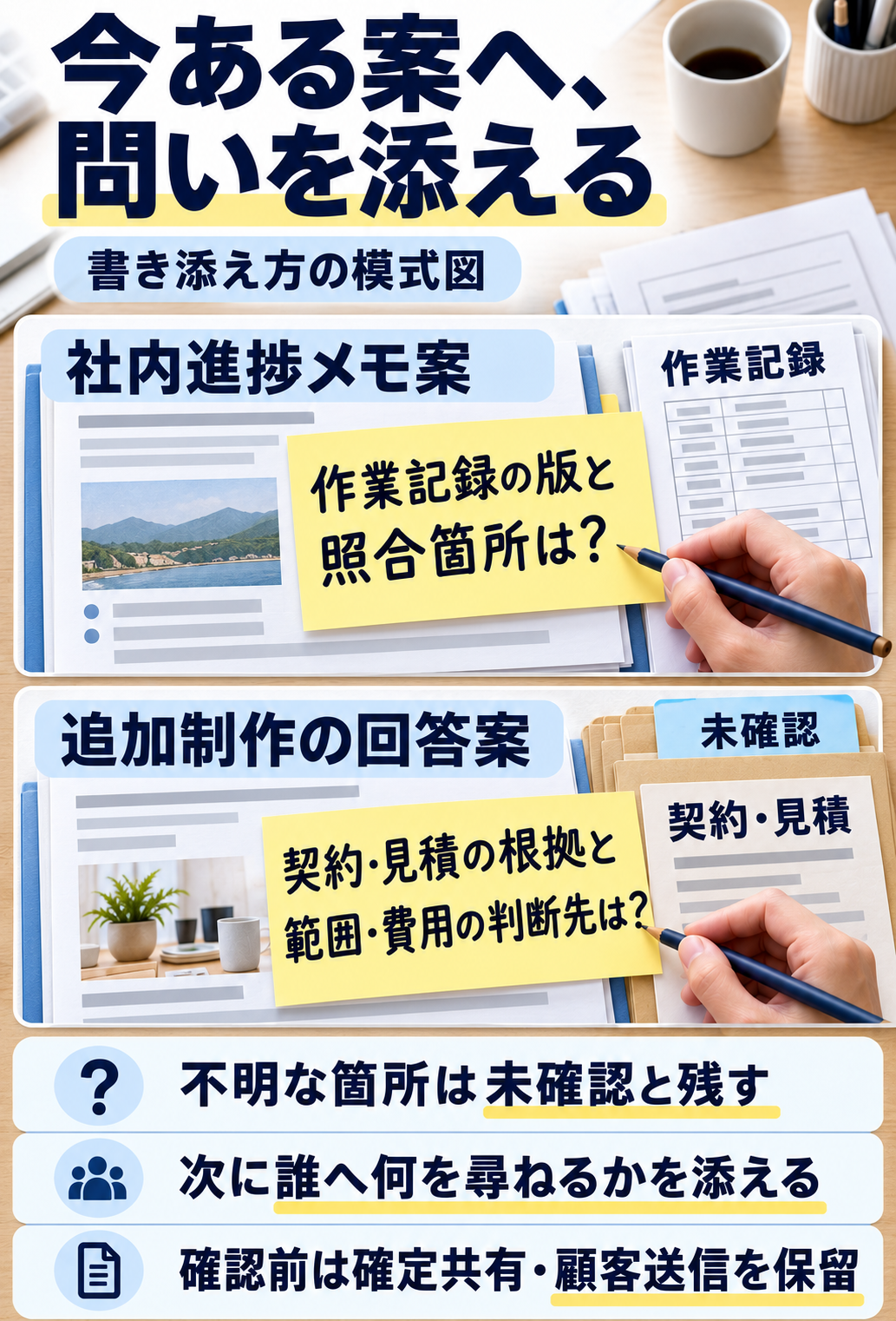 社内進捗メモ案と追加制作の回答案に、それぞれ必要な資料や判断先を尋ねる問いを書き添えている。