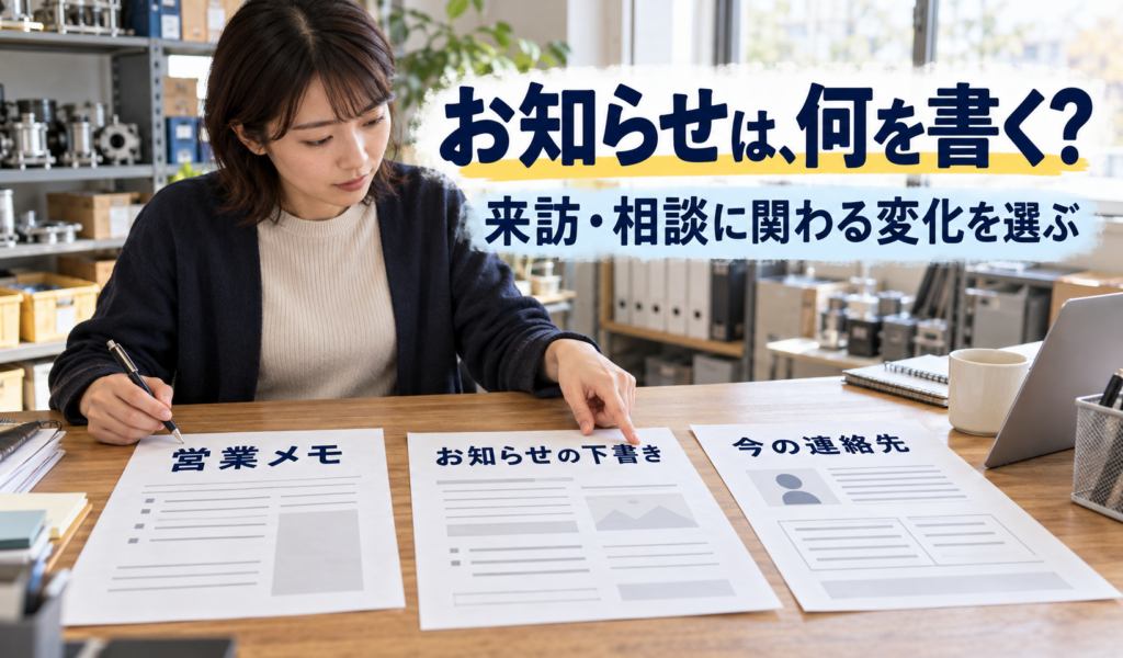 架空の会社で、営業案内メモとWebサイトのお知らせ・連絡先を照合する説明用場面。