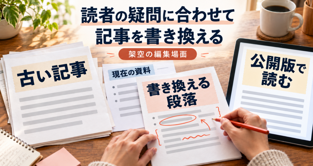 記事の原稿と現在の資料を照らす架空の編集場面。題や本文を書き換え、公開版で読む作業を紙資料で示す。