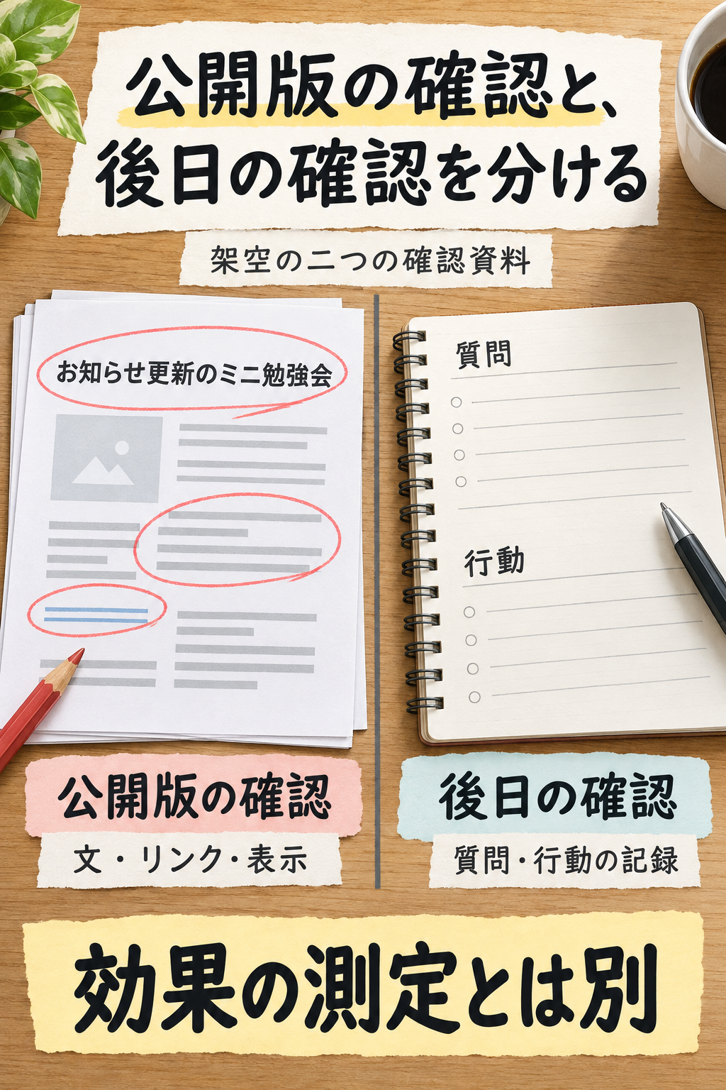 公開版の表示確認と後日の反応確認を分ける架空の図。文章・リンク・表示を読む作業と、質問や行動の記録を調べる作業を別の資料で示す。