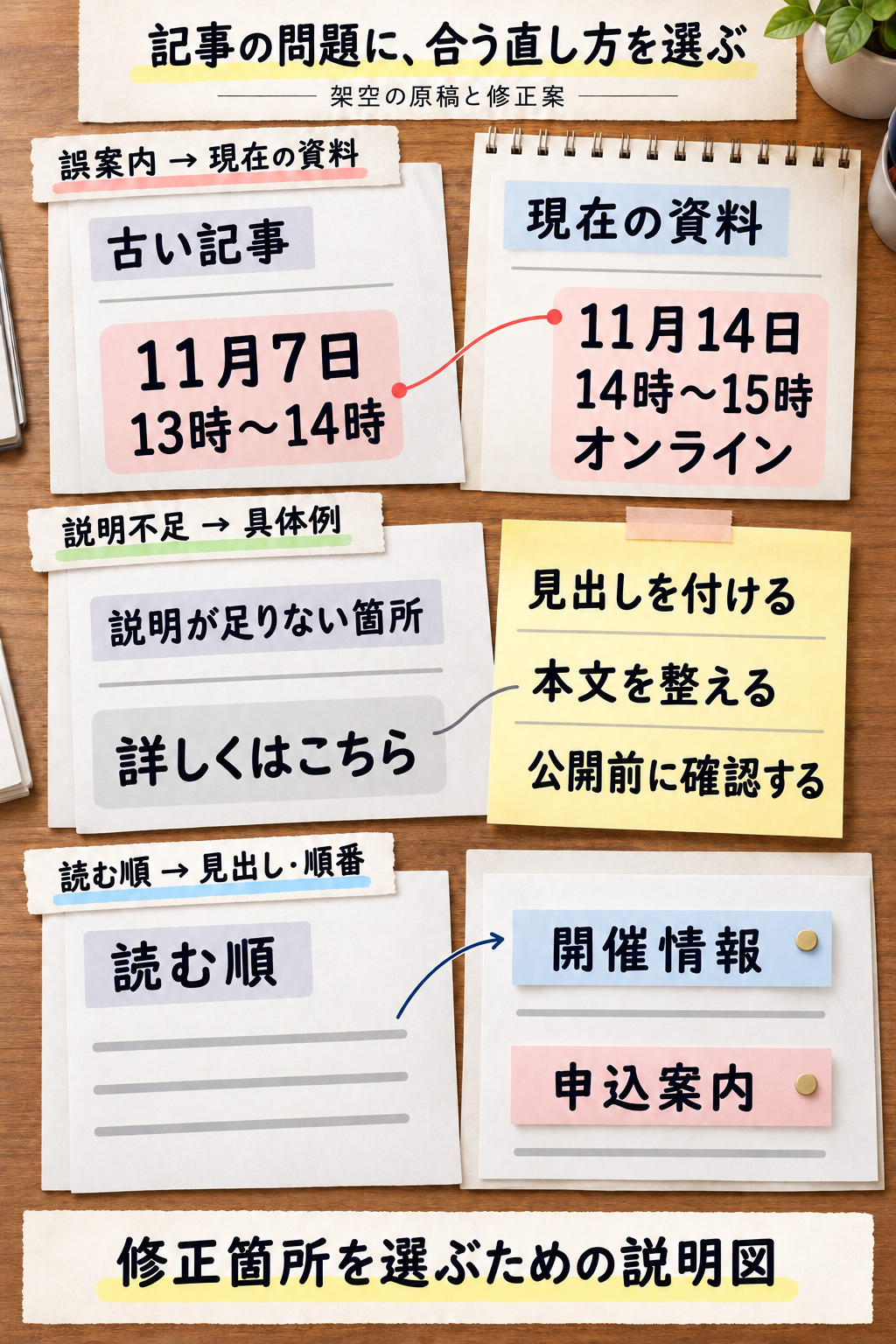 記事の問題と修正する内容を対応させる架空の図。誤案内は現在の資料、説明不足は具体例、読む順の問題は見出しと順番へ対応させる。