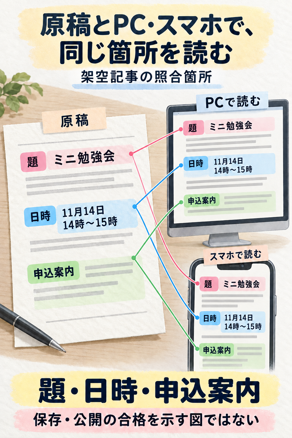 原稿とPC・スマホで照合する場所を示す架空の図。題、日時、申込案内が同じ内容で読めるかを対応させる。