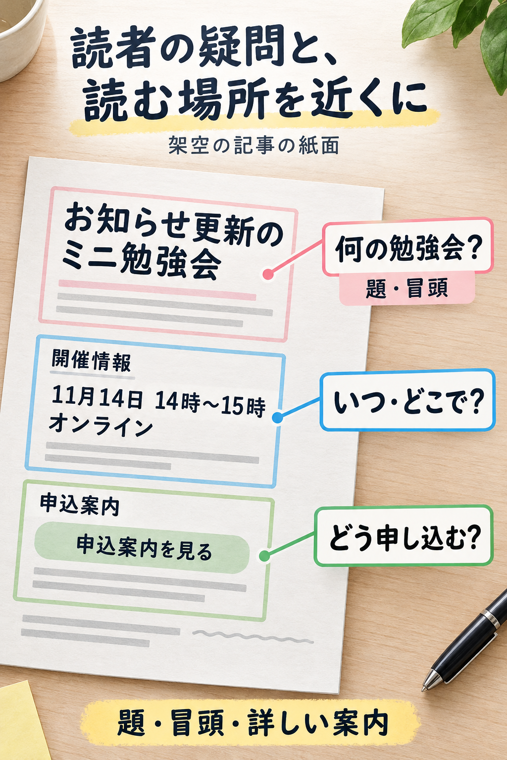 勉強会のお知らせを例に、読者の疑問と読む場所を示す架空の図。題と冒頭、開催情報、申込案内を近くで対応させる。