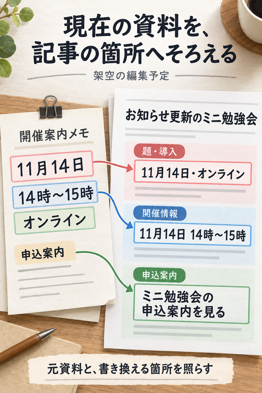 開催案内メモを、記事の題・導入・開催情報・申込案内へ対応させる架空の編集図。元資料と書き換える箇所を近くで示す。
