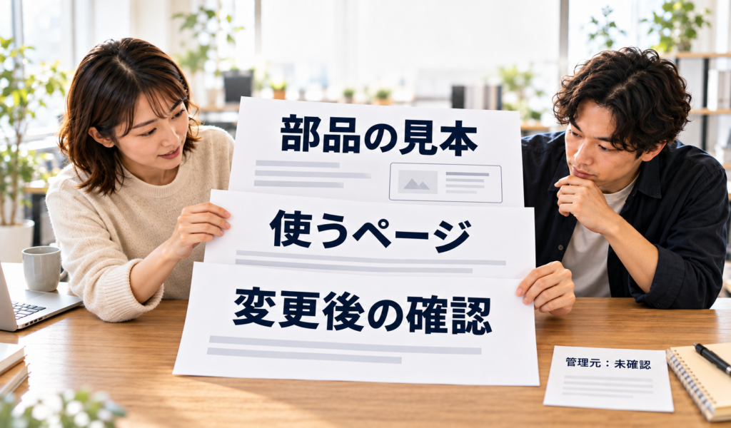 AIによる架空の設計作業の場面。部品の見本と使うページ、変更後の確認を紙資料で照らす。