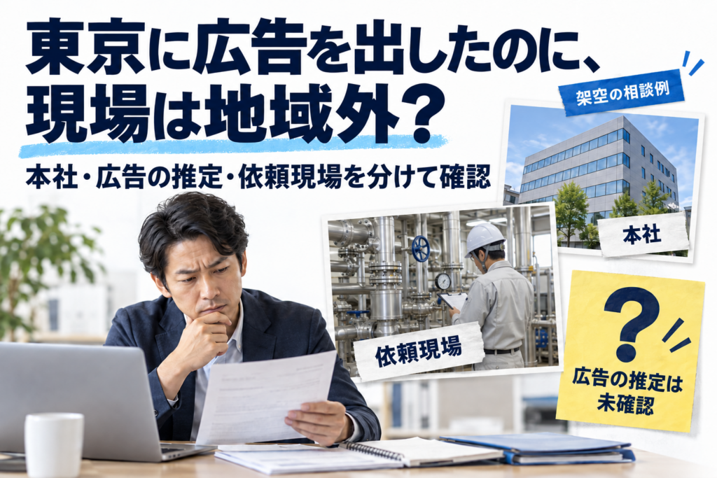 架空の営業担当が依頼資料を読む情景。本社・設備点検の依頼現場・広告の推定は未確認という資料を分けて確認する別アイキャッチ。実在顧客や実広告画面ではありません。