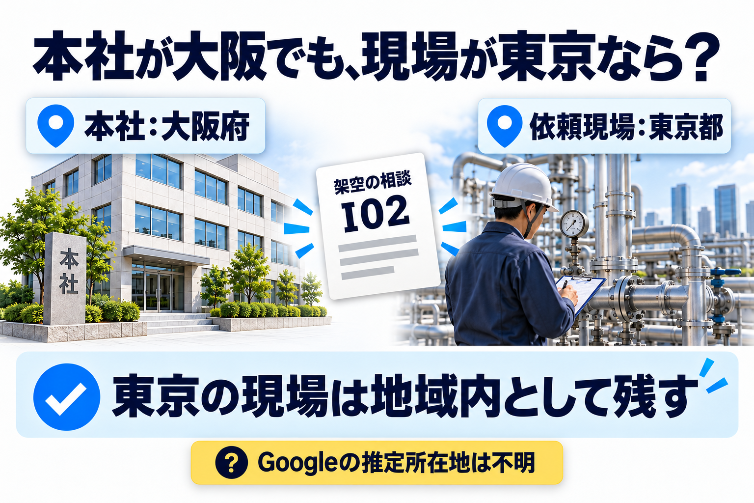 架空I02の同じ相談です。本社は大阪府、依頼現場は東京都。会社の地理条件に合うという照合で、受注可否やGoogleの推定所在地・配信結果を示すものではありません。