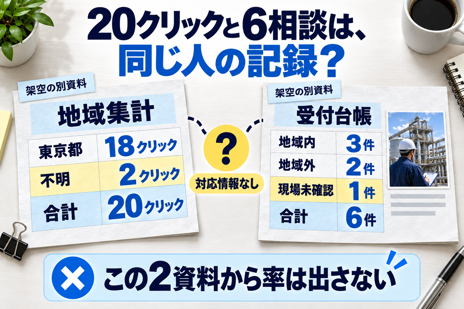 2026年10月1日〜7日の架空集計は東京都18クリック・不明2クリック、合計20クリック。別の受付6件は地域内3件・地域外2件・現場未確認1件。対応情報がなく、この2資料から地域別の受付率を出しません。