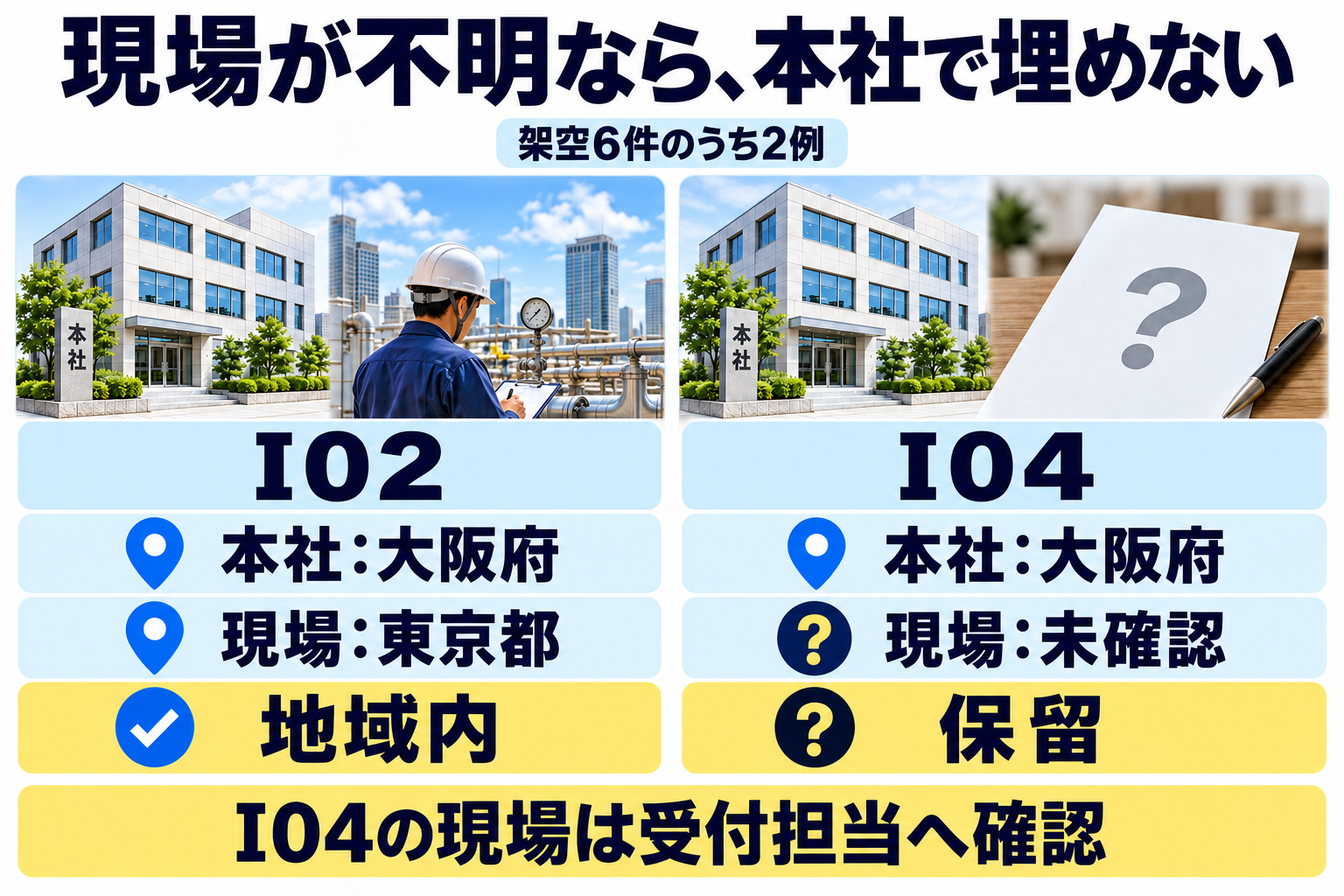 元6件のうちI02とI04の2例を比較しています。どちらも本社は大阪府ですが、I02の現場は東京都、I04の現場は未確認です。全6件は下の表とCSVに保持し、元相談を削除しません。